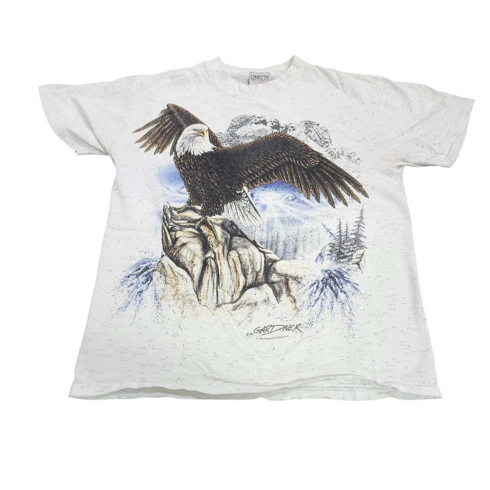 Vintage Oneita Shirt Mens Medium White Bald Eagle Wildlife Graphic